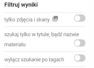 Strona z listą wyników wyszukiwania i filtrami umieszczonymi nad listą oraz po lewej stronie listy, ramka obejmująca grupę filtrów od napisu Data/okres do przycisku Filtruj.