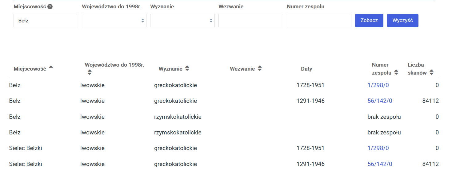 Strona z polami wyszukiwarki akt metrykalnych oraz listą wyników, w polu o etykiecie Miejscowość wpisana nazwa Bełz.