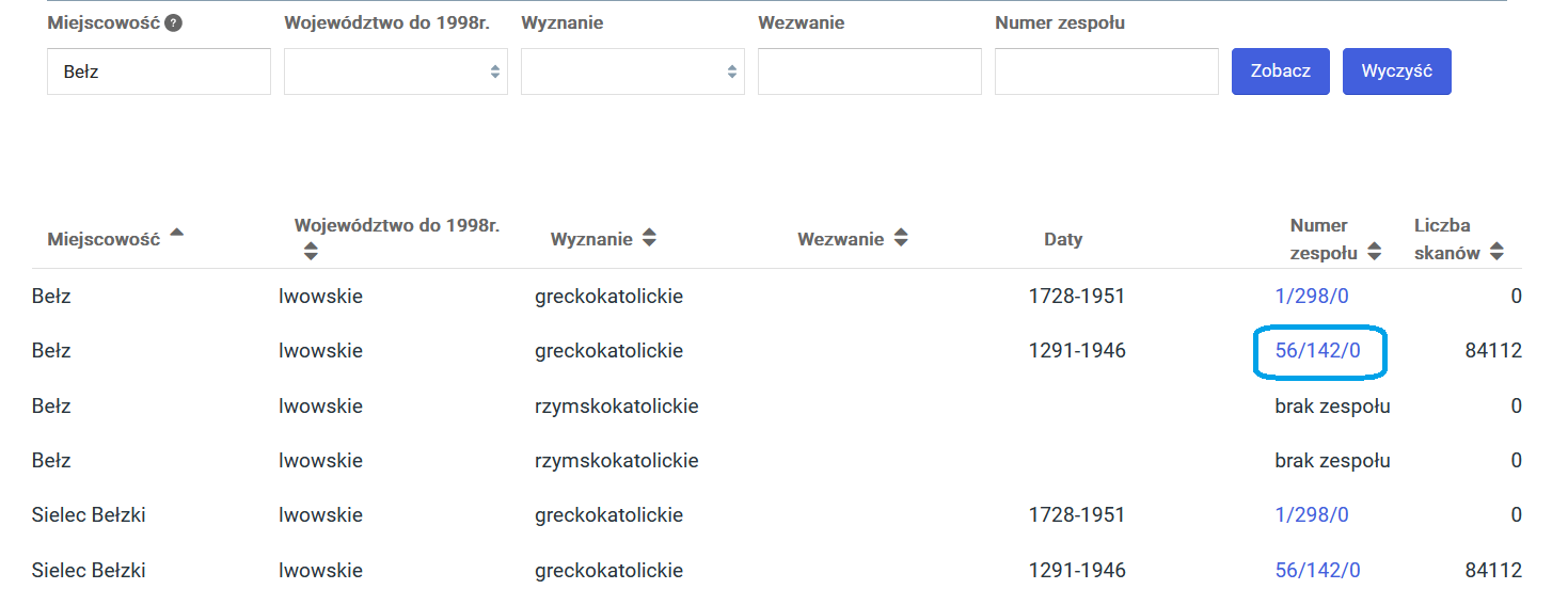 Strona z polami wyszukiwarki akt metrykalnych oraz listą wyników, w polu o etykiecie Miejscowość wpisana nazwa Bełz, w kolumnie Numer zespołu obrysowana wartość 56/142/0.