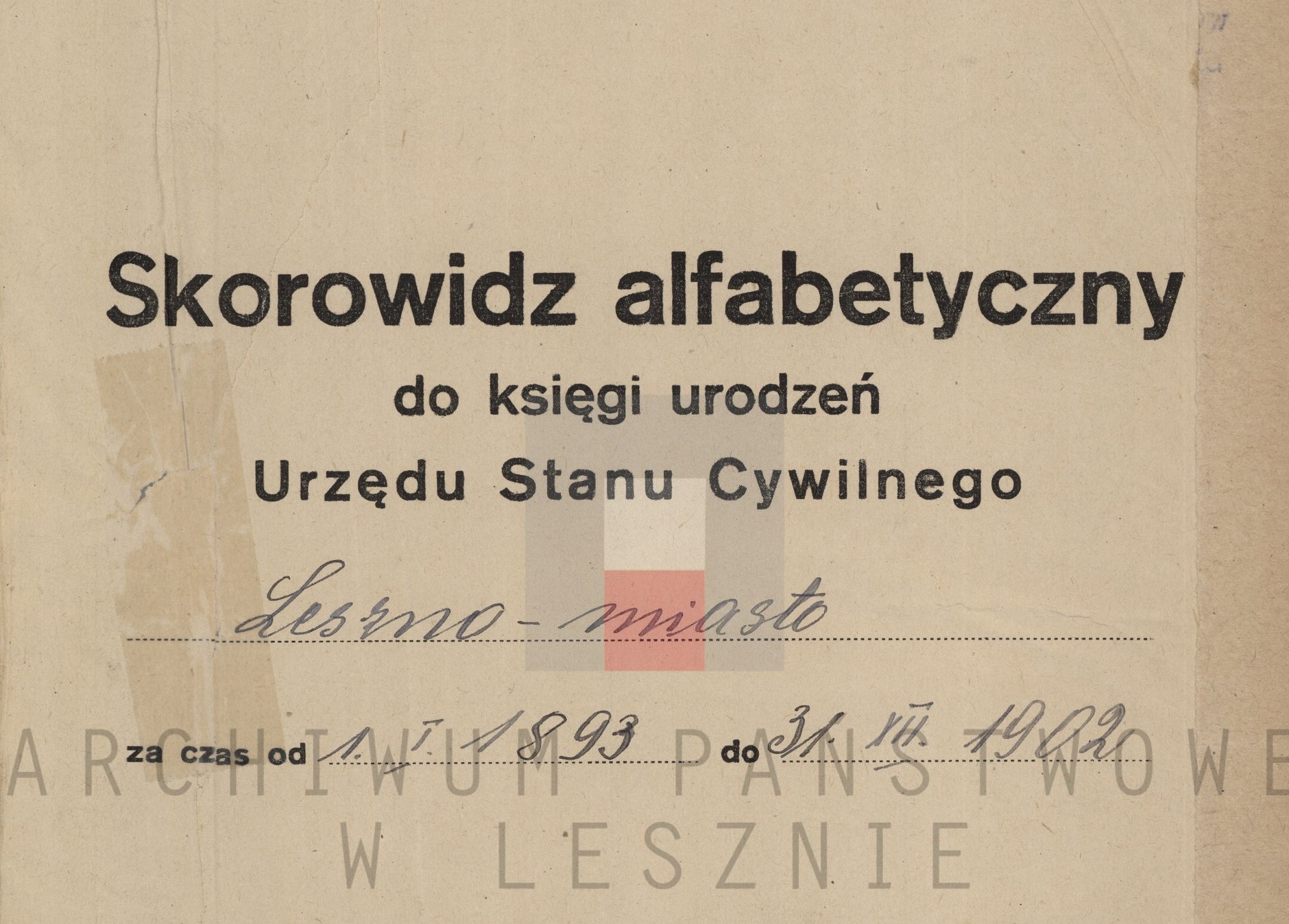 Fotografia okładki księgi urodzeń Urzędu Stanu Cywilnego Leszno- miasto z 1893 r.