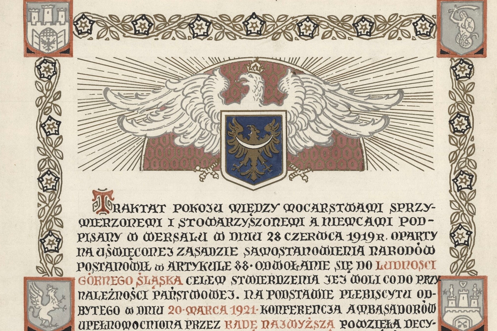Akt pamiątkowy objęcia Górnego Śląska przez rząd Rzeczypospolitej Polskiej. Rysował Stanisław Ligoń, 1922 r.