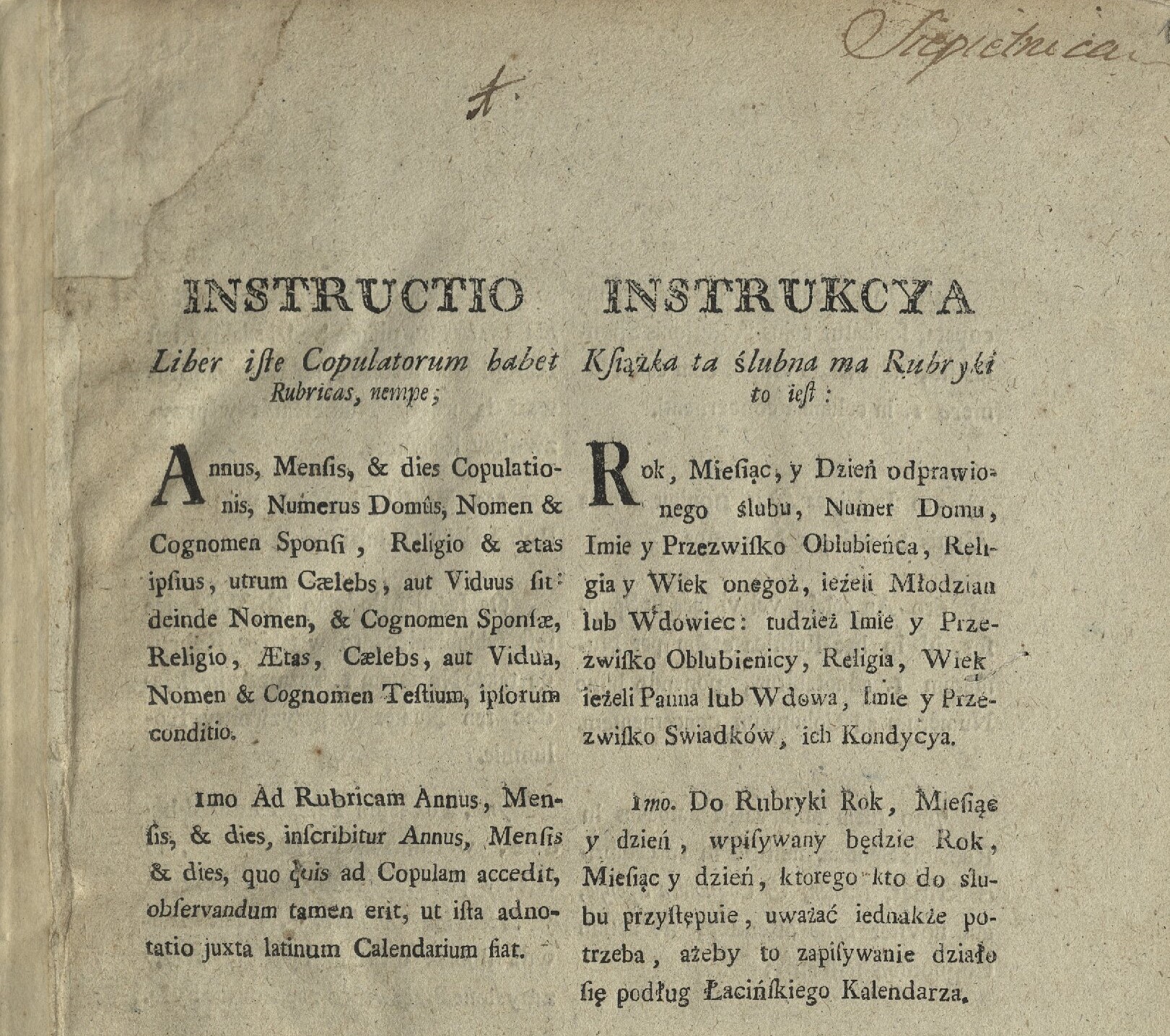 Zdjęcie pierwszej strony jednej z ksiąg metrykalnych, z wydrukowaną w języku polskim i po łacinie instrukcją ich wypełniania.
