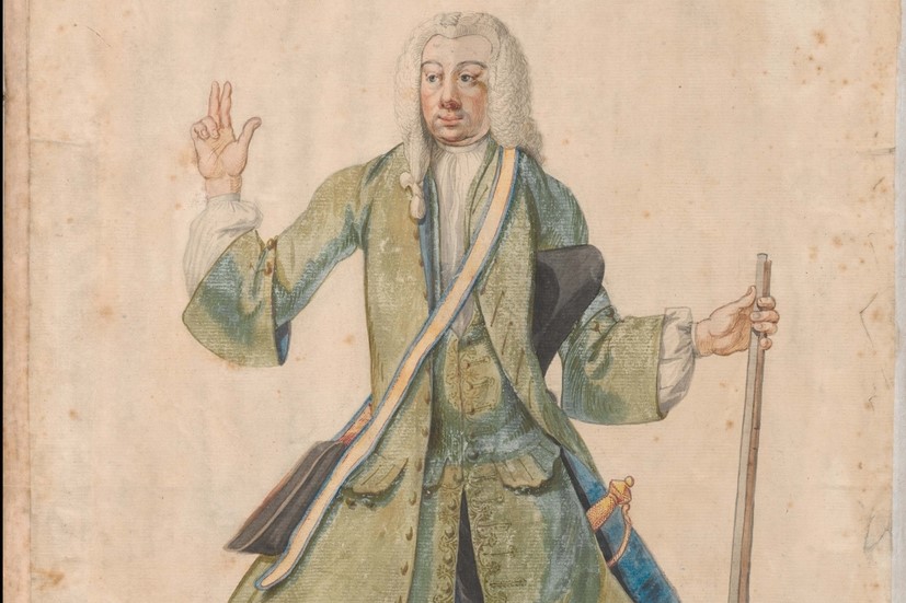 Kolorowa ilustracja przedstawia mieszczanina ze strzelbą i pochodzi z księgi obywatelskiej Głównego Miasta z XVIII wieku.