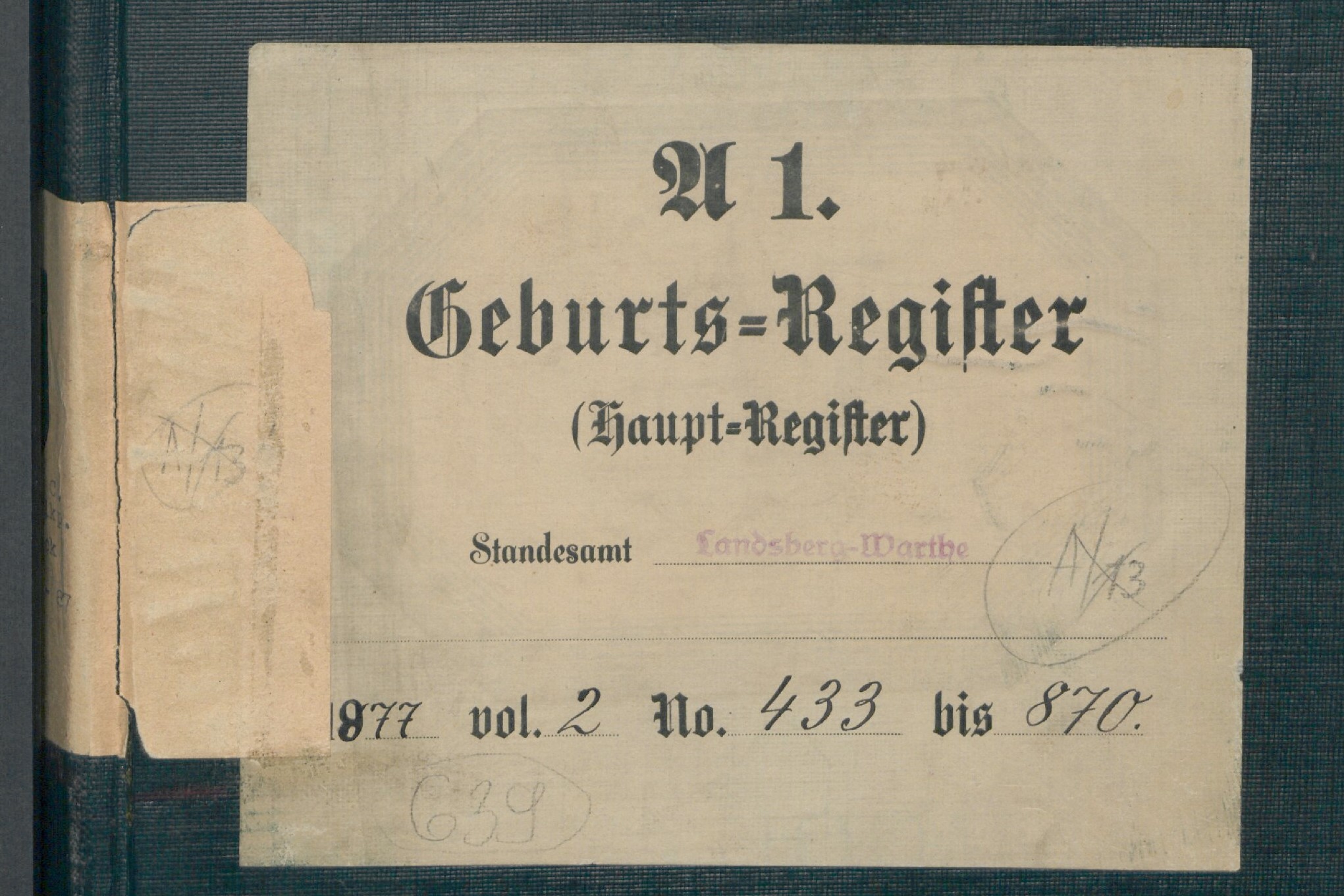 Okładka w kolorze zielonym księgi urodzeń z 1877 r. Na okładce papierowa, prostokątna nalepka z napisem w języku niemieckim.