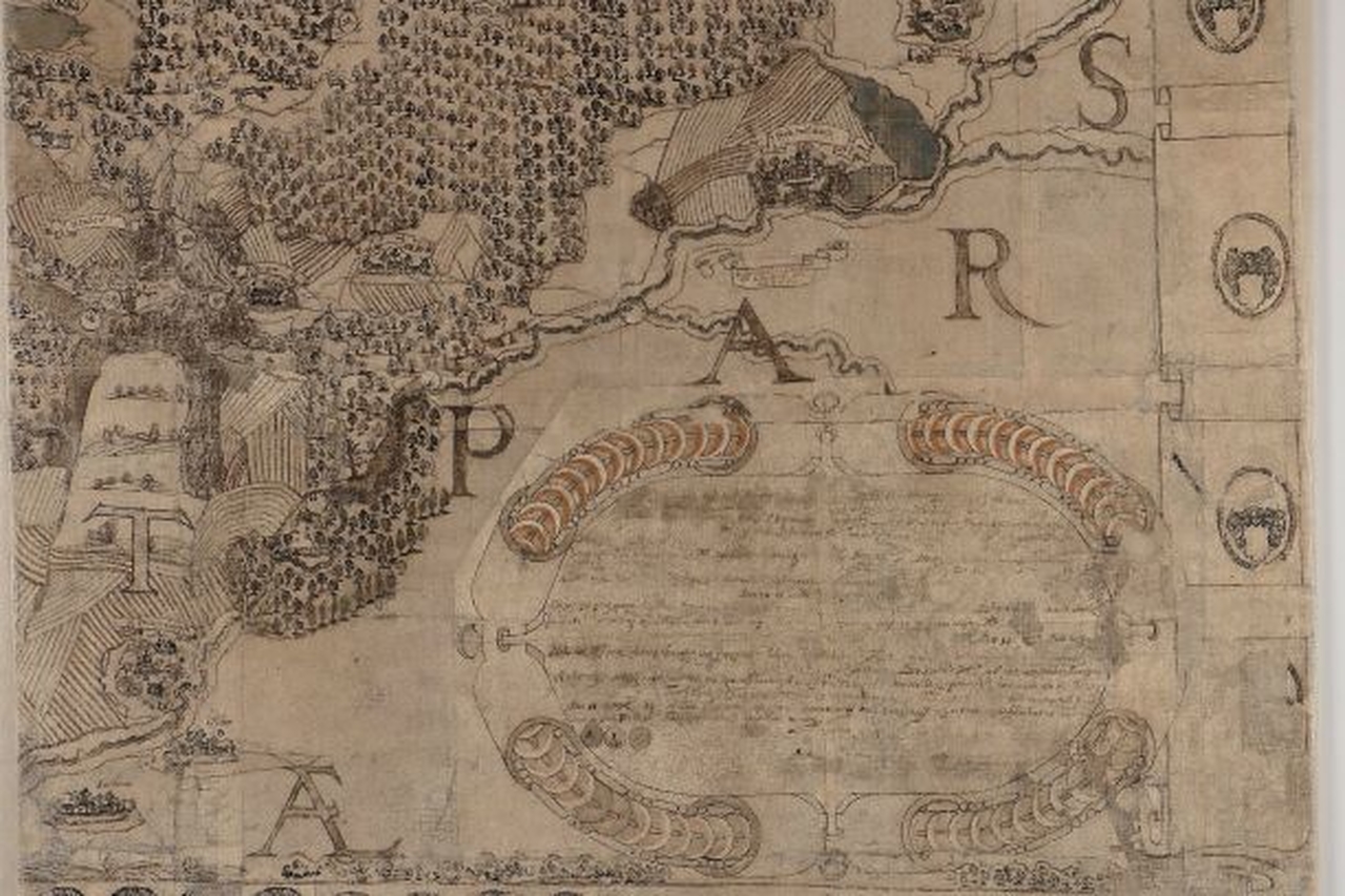 Fotografia przestawia fragment Mapy Księstwa Pszczyńskiego z 1636 r. Całość utrzymana w kolorystyce brązu.
